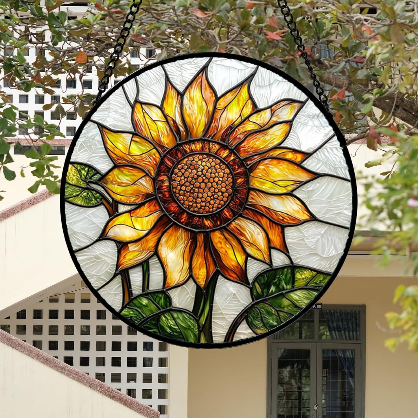 Stained Glass Window Hanging - Sunflower Flower Suncatcher Ready to Hang Window Doors Home Decoration and Christmas, Mother's Day Birthday Gifts for Women, Men, and Mom 14.9x14.9 in