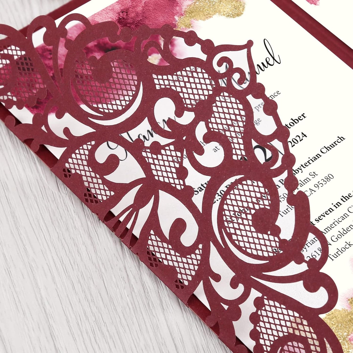 DORIS HOME 50PCS Laser Cut Wedding Invitations with Envelopes and RSVP Cards Personalized Inner With Gold Glitter Belly Band for Wedding Engagement Bridal Shower Party Invite 4.7x7 Inch Burgundy