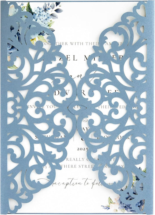 20Pcs Dusty Blue Laser Cut Invitation Cards With Blank Inner Sheets for Wedding Cards Bridal Shower Engagement Quinceanera Invitation (No Envelopes)