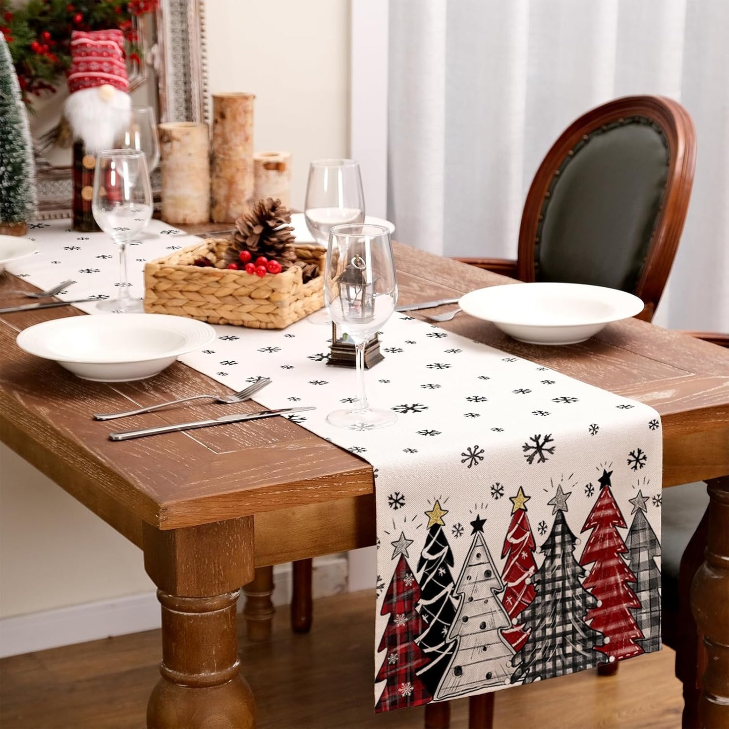 GEEORY Christmas Table Runner 13x48 Inch, Xmas Tees Snowflakes Holiday Decorative Farmhouse Table Decoration for Kitchen Dinning, Indoor Outdoor Dinner Party Decor ((Red & Black) GT165-48