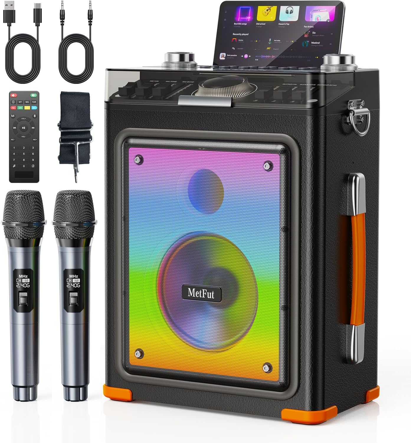 Karaoke Machine for Adults with 2 Wireless Microphones, Professional Bluetooth 5.3 Speaker, Portable Wooden Karaoke System with Bass/Treble Adjustable for Backyard, Home Party-Orange