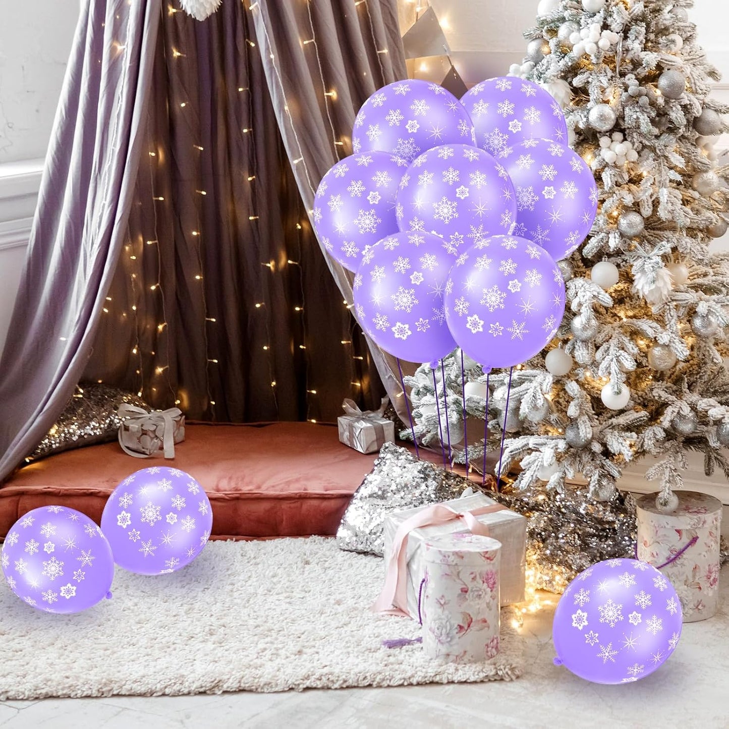 Skylety 40 Pieces Snowflake Balloons Bulk Winter Transparent Snowflake Latex Balloons for Christmas Birthday Wedding Party Decorations(Macaron Purple)
