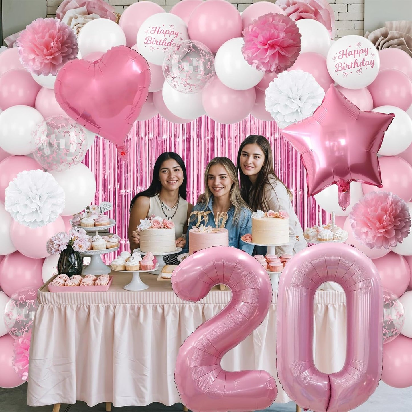 20th Birthday Decorations for Girls Pink Number 20 Balloon Bow Coquette Happy Birthday Banner Fringe Curtain Paper Pom Poms Star Heart Foil Pink White Balloons 20 Year Old Party Decor for Her