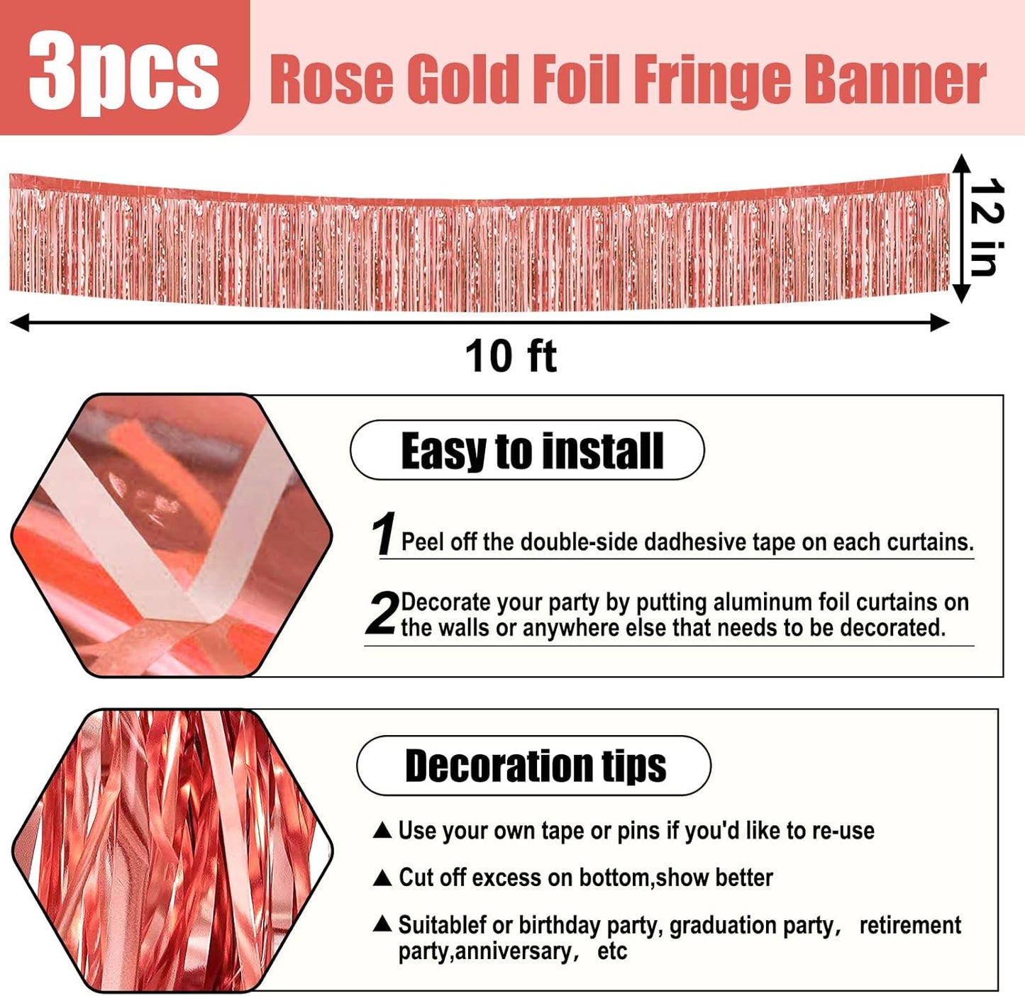 3 Pack 10 Long Rose Gold Metallic Foil Fringe Garland Wall Hanging Tassle Banner, Mother's Day, Easter, Parade Floats, Birthday, Theme Party, Wedding Party Decorations