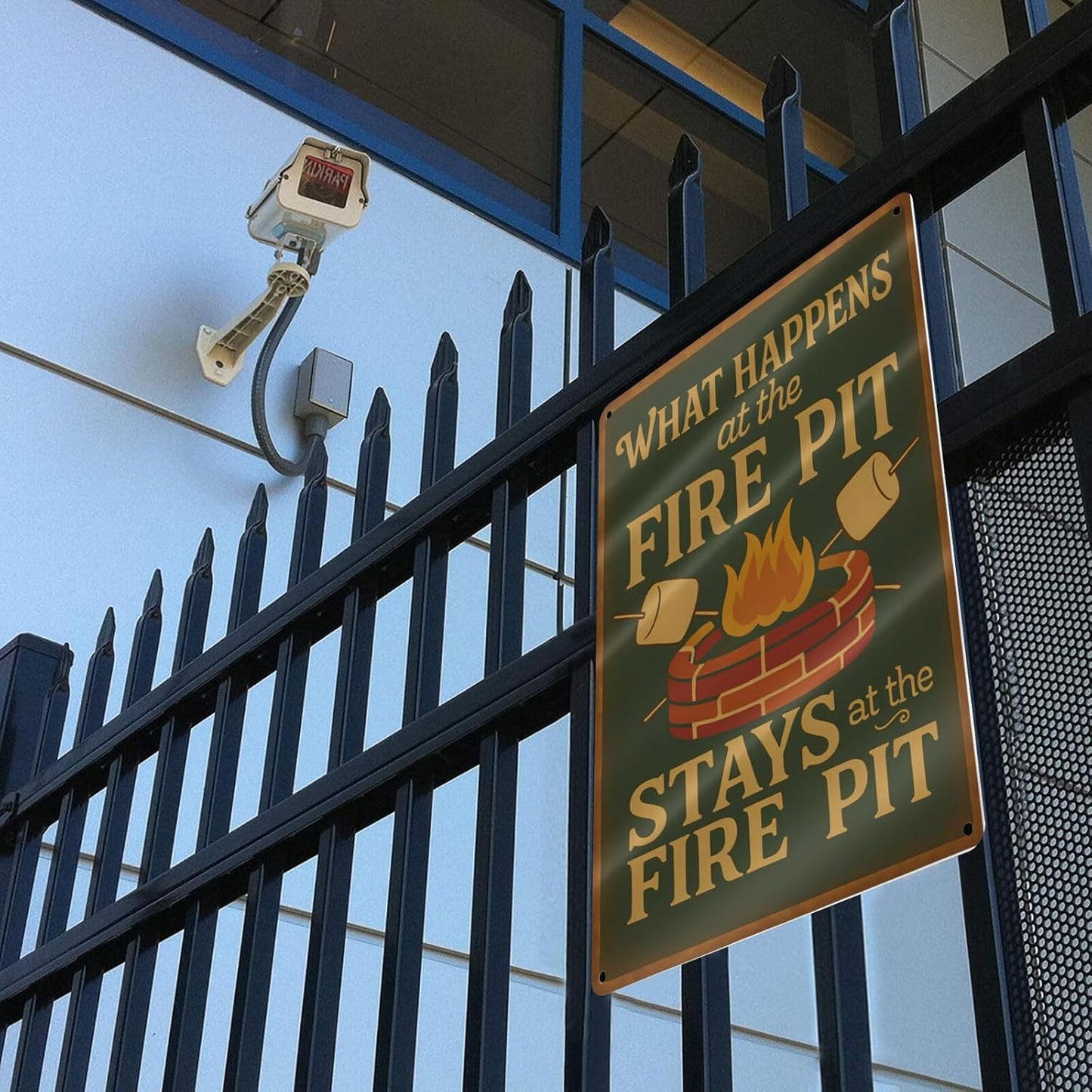 Funny Firepit Metal Sign - "What Happens at the Firepit" Outdoor Wall Decor for Patio, BBQ, Grill, or Campsite - Great Gift for Campers & Dads - 8" x 12"