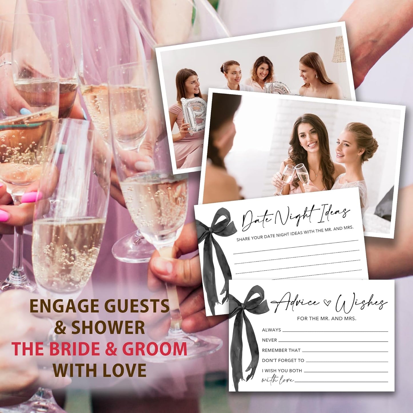 50 Pcs Advice and Wishes for the Mr and Mrs Cards in Box - Bridal Shower Guest Book - Perfect for Newlywed Games, Reception Decor, Engagement Parties & Anniversary Wishes(Black Bow) - B07