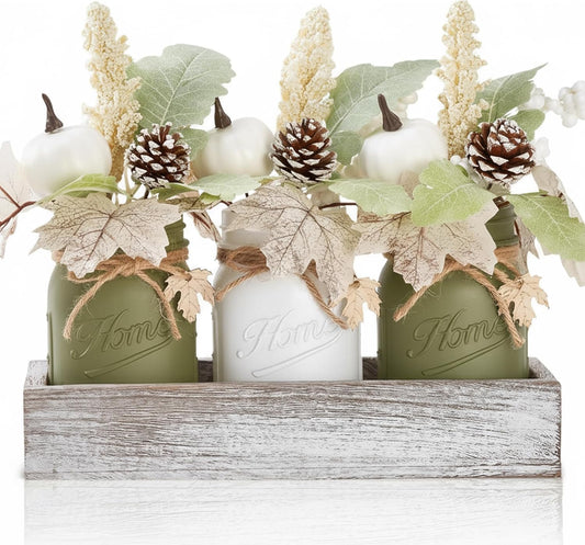 Fall Thanksgiving Table Decor, Centerpieces for Tables with Mason Jar, Fake Flowers, Wood Tray, 16 Pcs Pumpkin Fall Thanksgiving Centerpieces Table Decorations for Home, Farmhouse Kitchen Decor