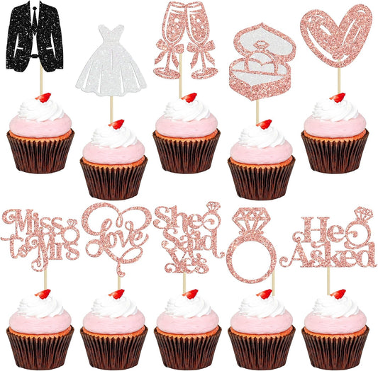 Gyufise 30Pcs She Said Yes Cupcake Toppers Glitter Diamond Ring I Do Love Cupcake Picks Miss to Mrs He Asked Bridal Shower Wedding Engagement Bachelorette Cake Decoration Rose Gold