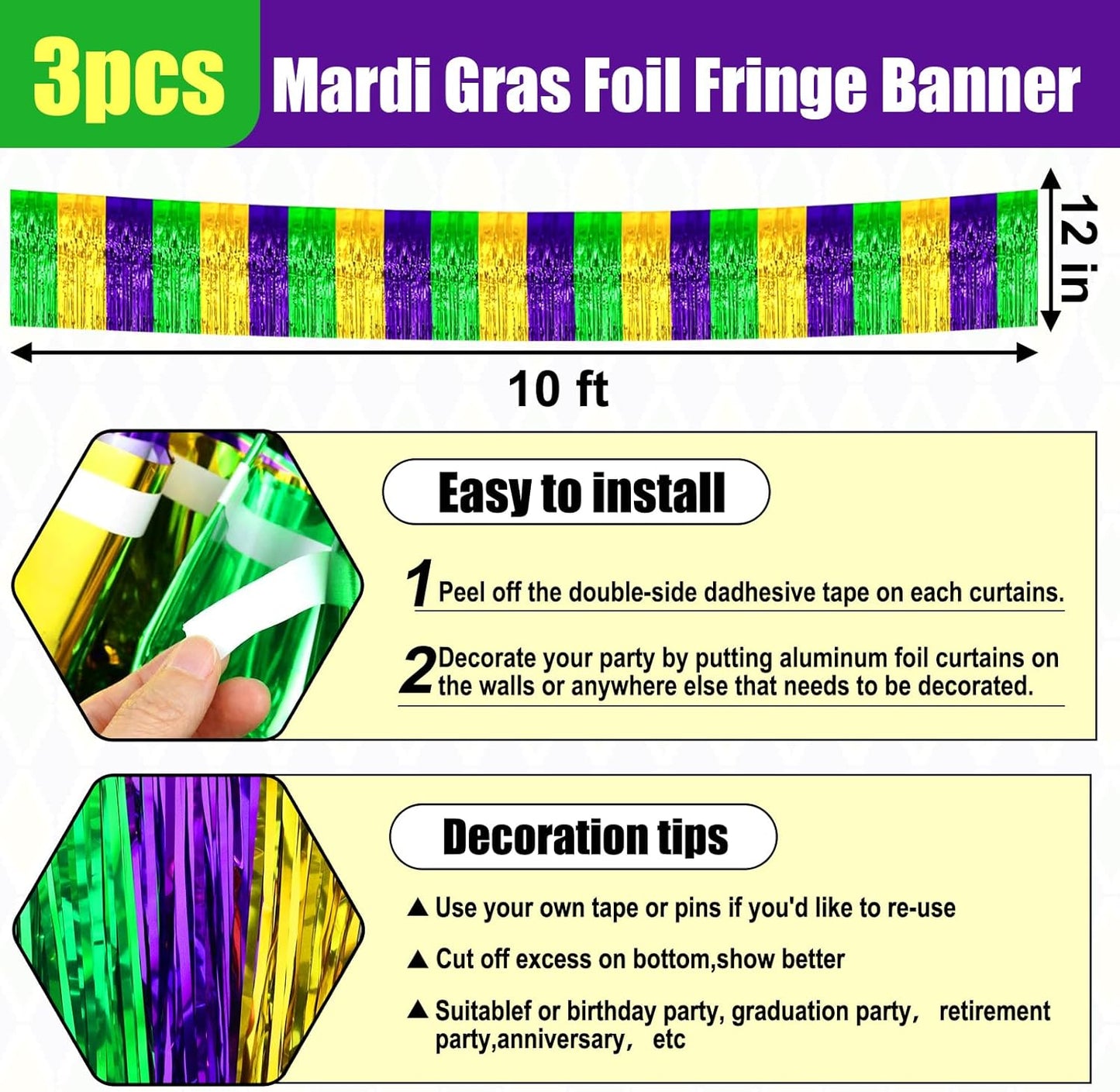 3 Pack 10 Long Gold Green Purple Metallic Foil Fringe Garland Wall Hanging Tassle Banner, Mother's Day, Easter, Parade Floats, Birthday, Theme Party, Wedding Party Decorations