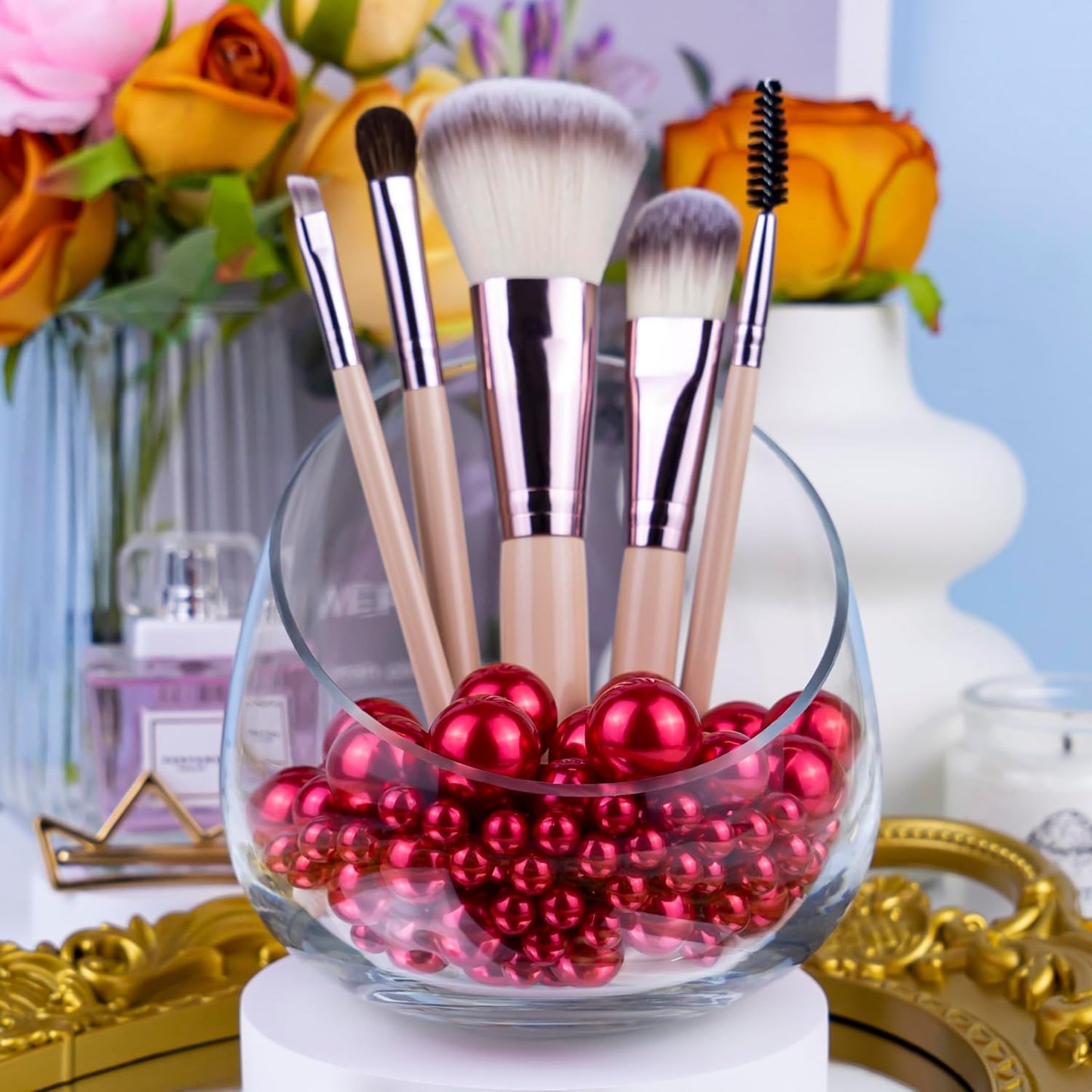 300Pcs Red Polished No Hole Faux Pearl Beads for Vase Filling Decorations, Plastic Pearls Vase Fillers, Table Scatters, Wedding Centerpiece, Home Decor, 8/14/20 mm