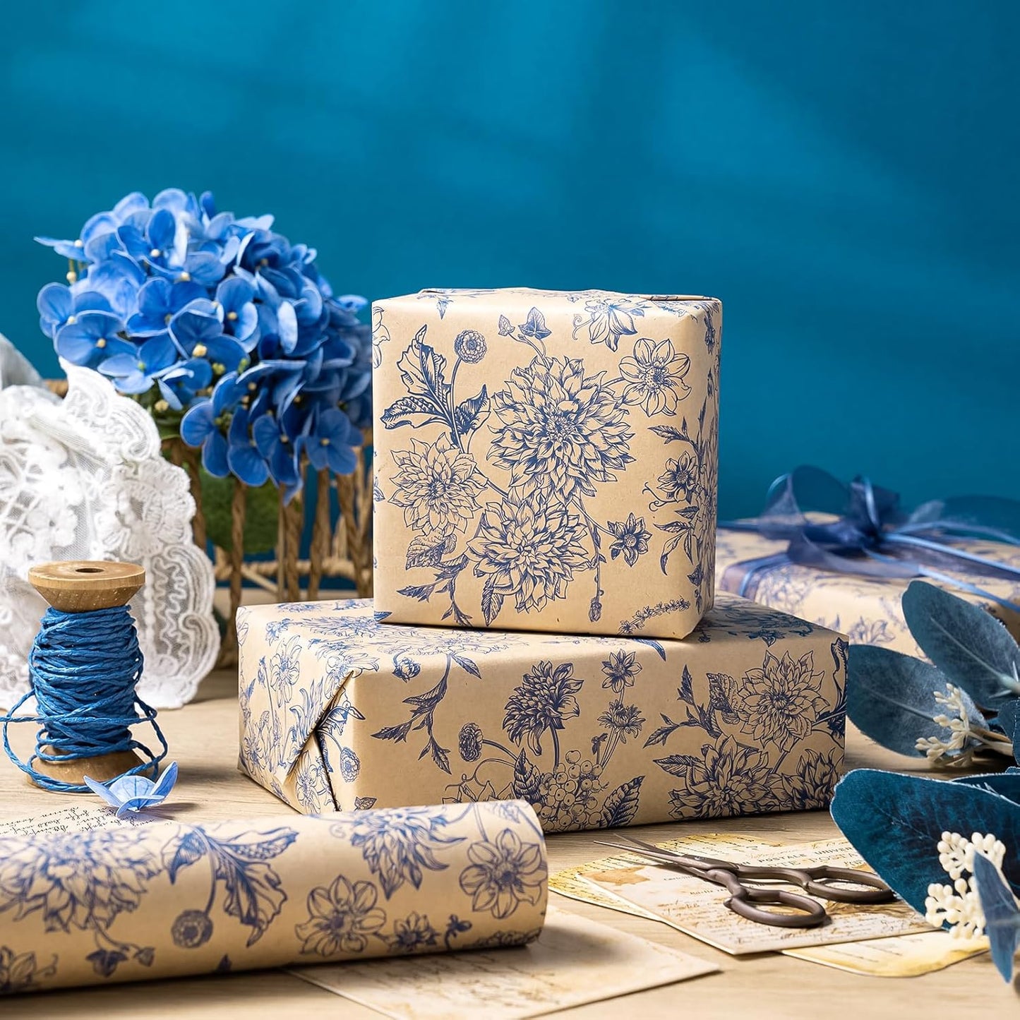 WRAPAHOLIC Kraft Blue Floral Wrapping Paper - Mini Roll - 17 Inch x 16.5 Feet - Vintage Blue Toile De Jouy Flower Wrapping Paper Perfect for Wedding, Birthday, Bridal Shower, Tea Party