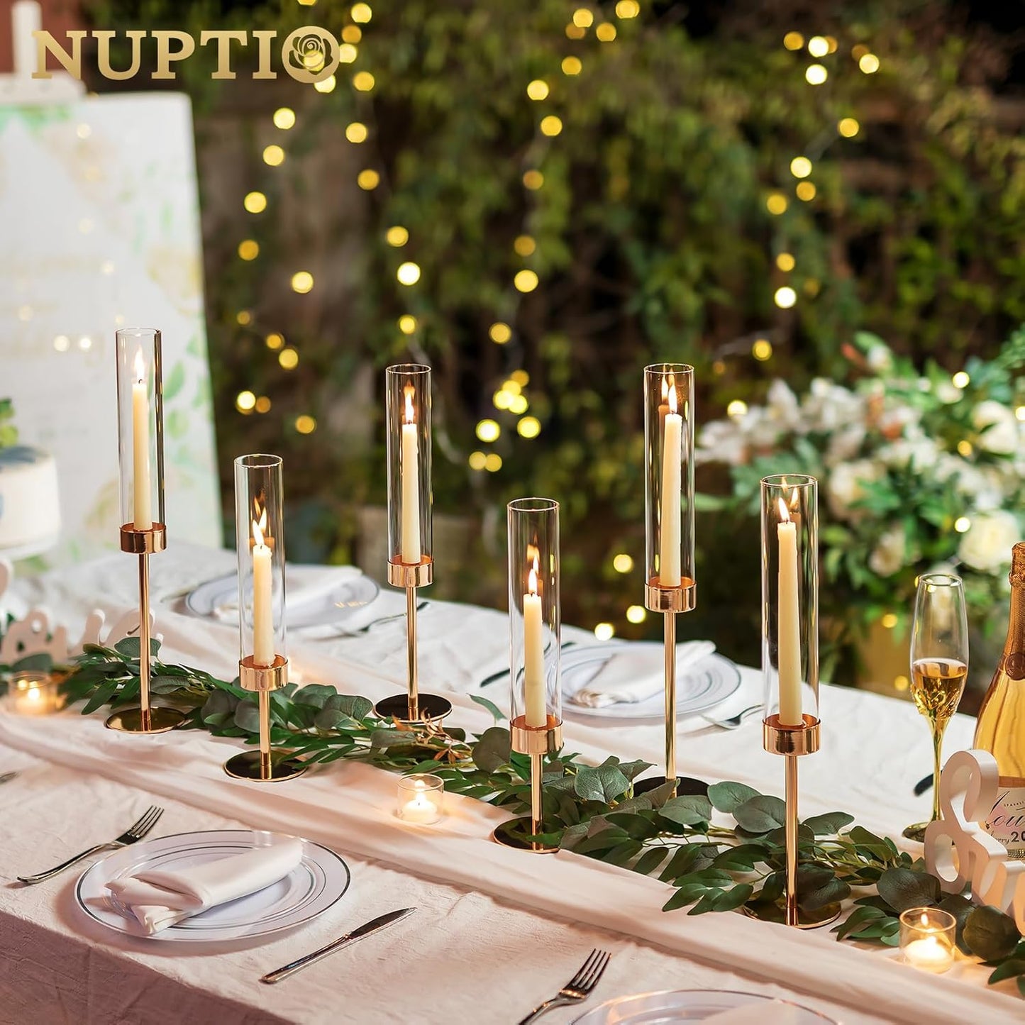 NUPTIO Candle Stick Holder for Wedding: 18 Pcs Tall Hurricane Gold Candles Holder with Clear Glass Chimney Cover - Tapered Candlestick Decor Bulk for Party Centerpiece