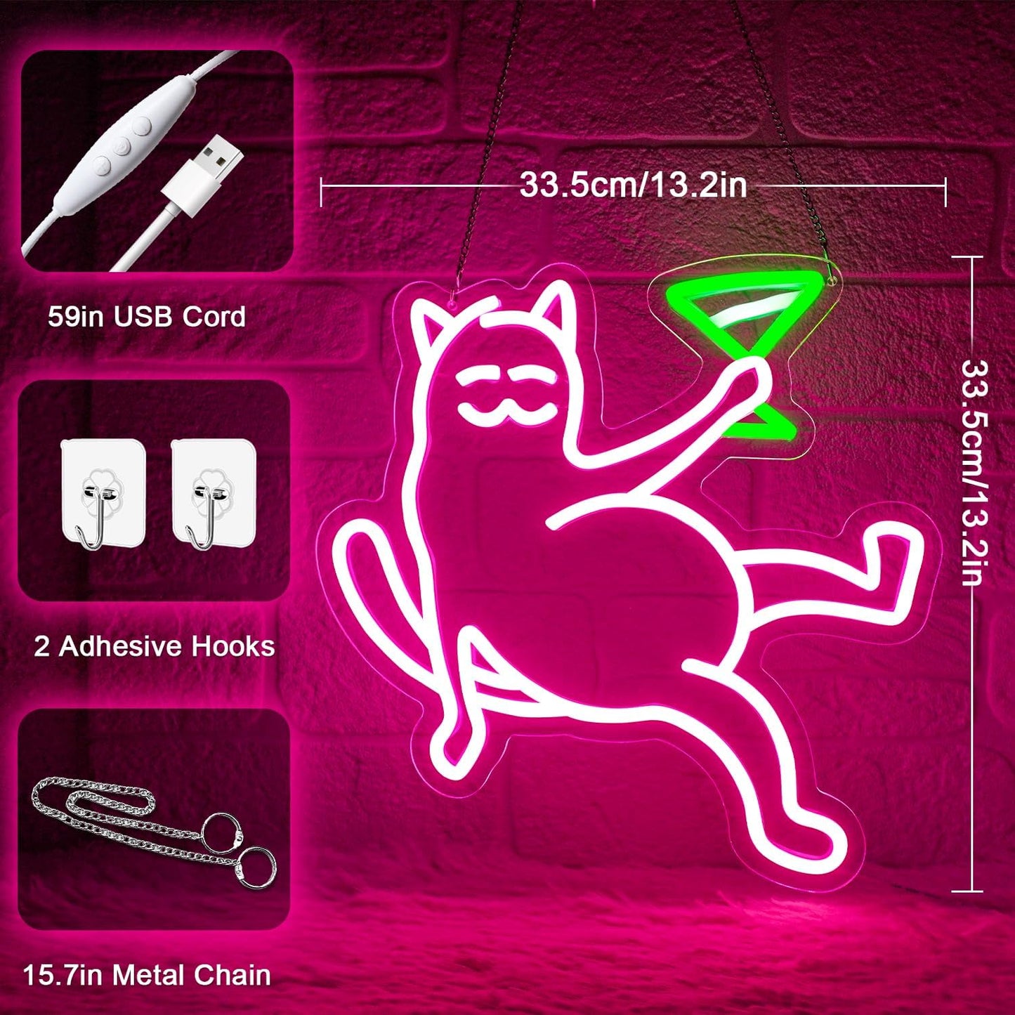 Cat Neon Sign for Wall Decor,Cat Holding Cocktail Neon Lights for Bedroom,Cute Cat Sign for Bar,Light Up Cat Sign,Cat Neon Light Sign for Pubs,Lounge,Cat Led Signs for Wall Decor,Home Bar