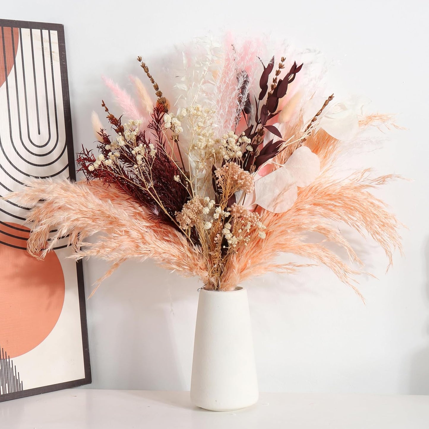 Pink Dried Flowers Bouquet - Pampas Grass, Bunny Tails, Eucalyptus, Lavender - Rustic Boho Decor for Home, Wedding, or Gift - Fluffy Pink Pampas for Flower Vase