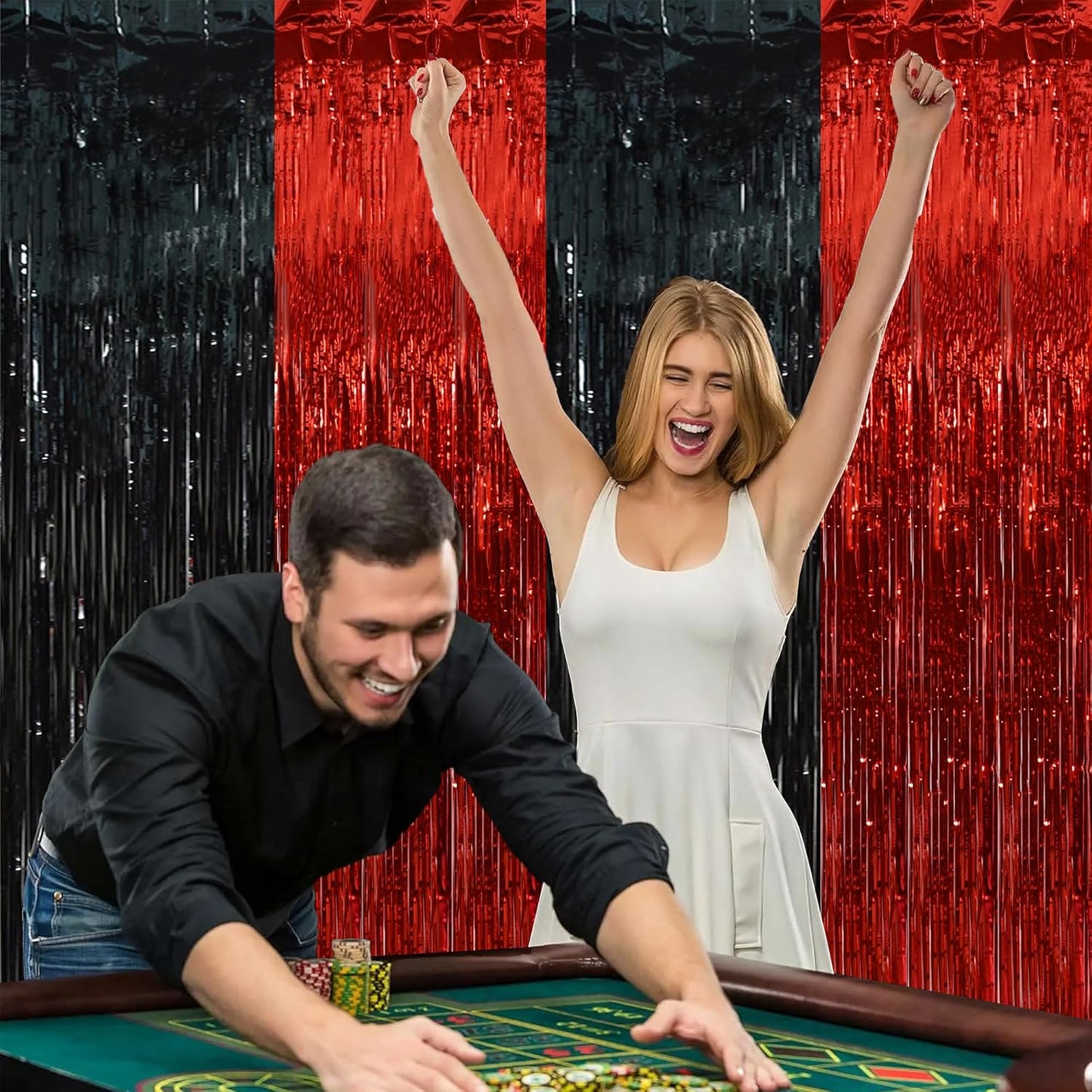 BEISHIDA 2Pcs Red Black Door Streamer Casino Backdrop Foil Fringe Tinsel Casino Horry Party Curtains Backdrops for Casino Party Horry Party Hallowen Decoration (3.28 ft x 6.56 ft)