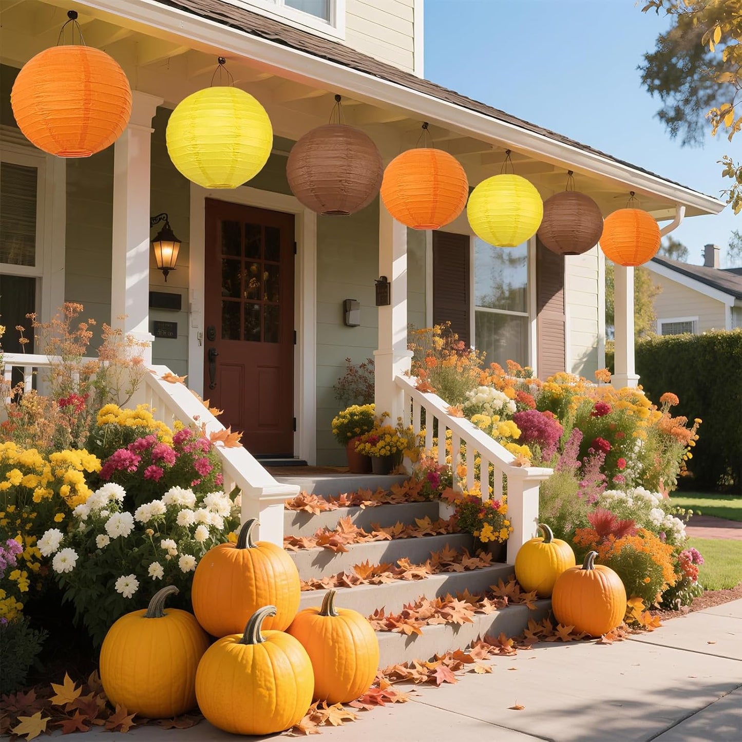 12Pcs Fall Paper Lanterns, Various Sizes (6" 8" 10" 12") Hanging Yellow Orange and Brown Paper Lanterns for Baby Shower Bridal Shower Wedding Birthday Thanksgiving Fall Party Decorations