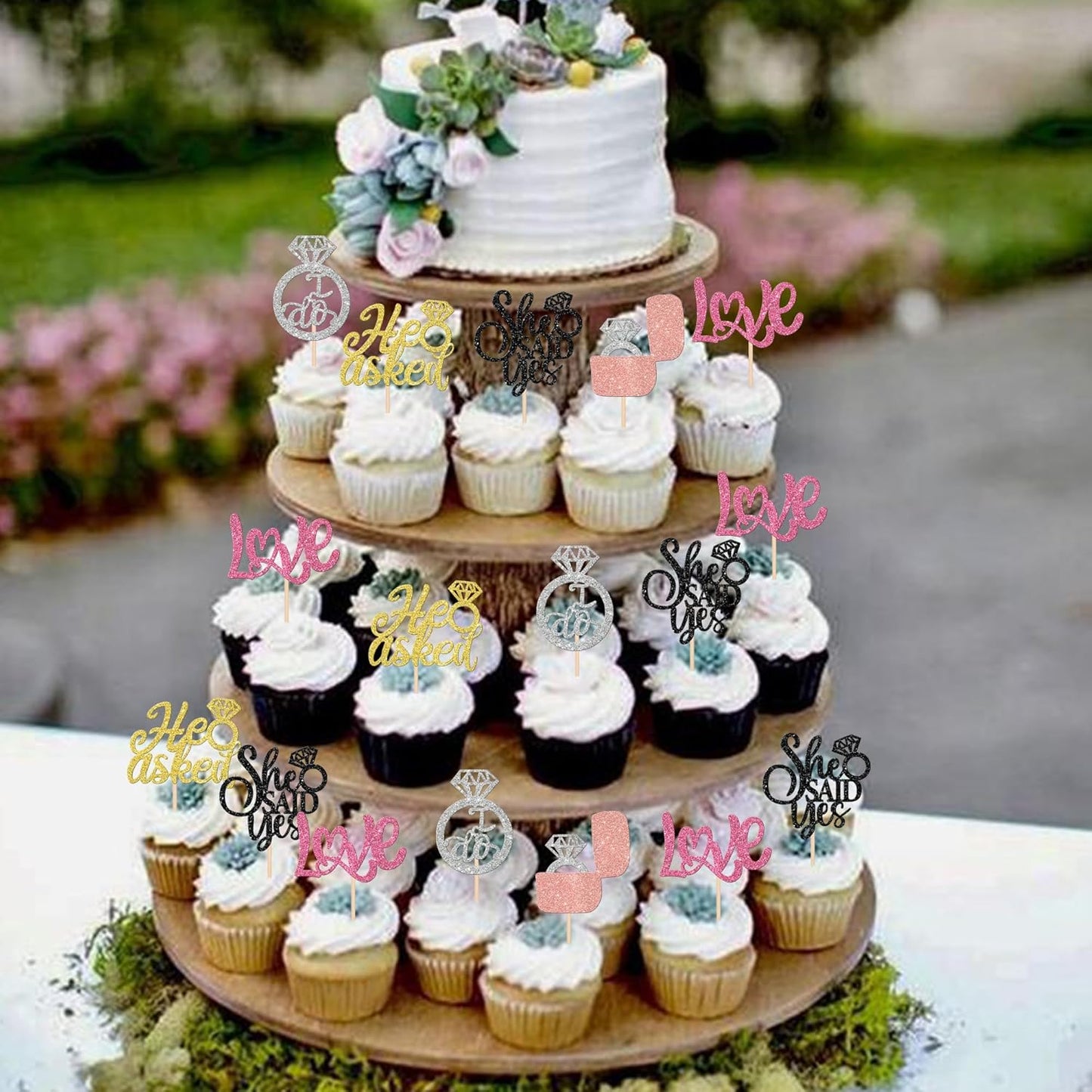 30 PCS He Asked She Said Yes Cupcake Toppers Diamond Ring Cupcake Picks Love I Do Bridal Shower Cake Decorations for Wedding Enaggement Theme Party Supplies Colorful