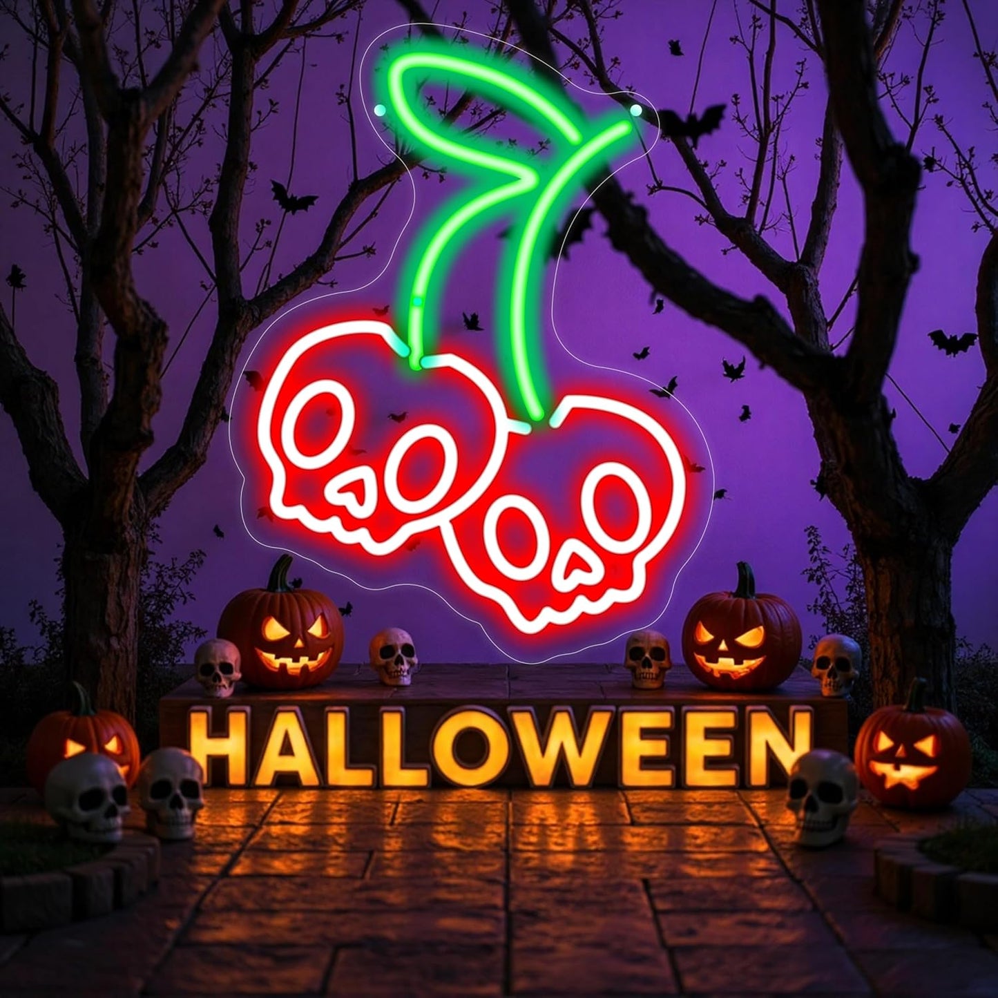 Halloween Cherry Skull Neon Sign, Gothic Neon Sign, Halloween Skull Lover Gifts, Skull Room Wall Decor for Man Cave Beer Bar Club Game Room Halloween Party Decor Gifts-Large-17.72IN
