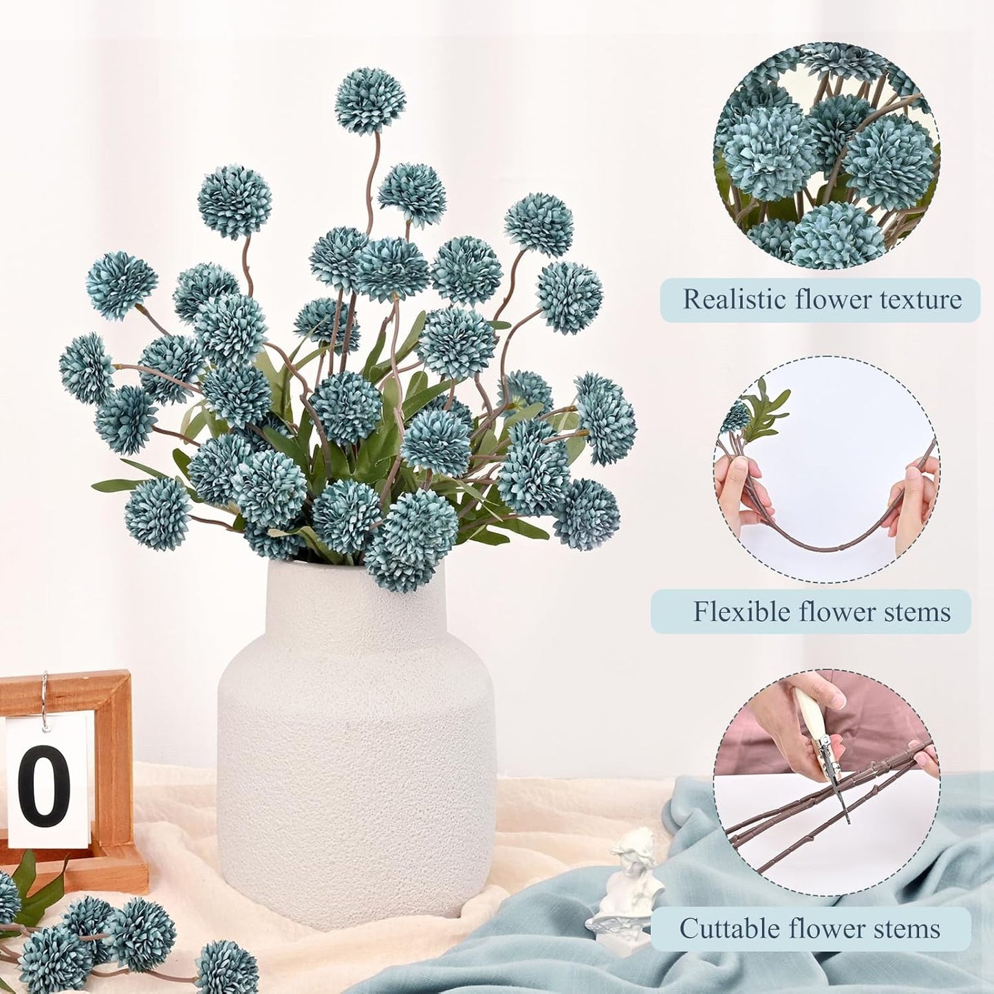 Waipfaru 10pcs Fake Silk Pompon Mum Artificial Flowers, Bulk Faux Mini Chrysanthemums with 2pcs Eucalyptus Stems, for Centerpieces Wedding Fillers Champagne Arrangements Shower Decorations, Blue