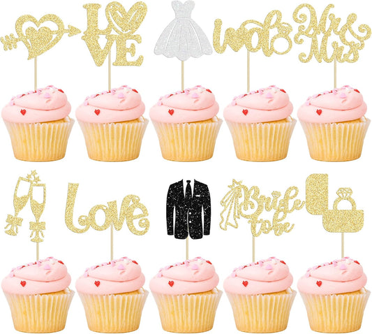 Ephlyn 30Pcs Bride to be Cupcake Toppers Glitter Diamond Ring Love I Do Cupcake Picks for Miss to Mrs Bridal Shower Wedding Engagement Bachelorette Cupcake Decorations Party Supplies Gold