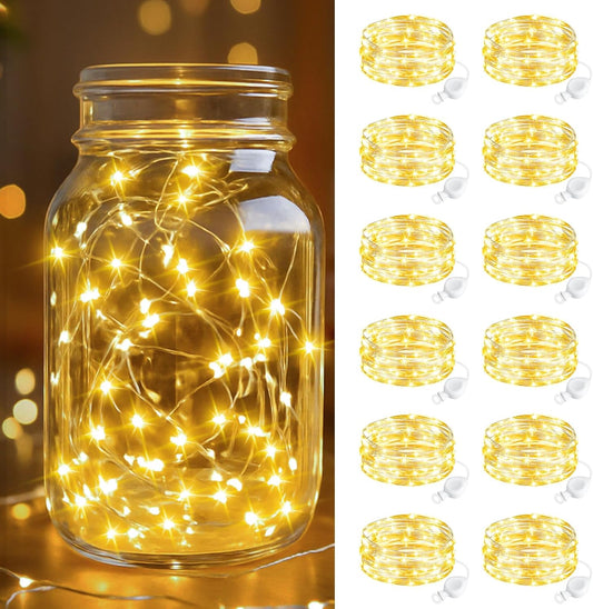 btfarm 12 Pack Fairy Lights Battery Operated, 7FT 20 LED Mini String Lights Waterproof Silver Wire for Mason Jars Centerpiece Table Crafts Bedroom Christmas Decoration, Warm White