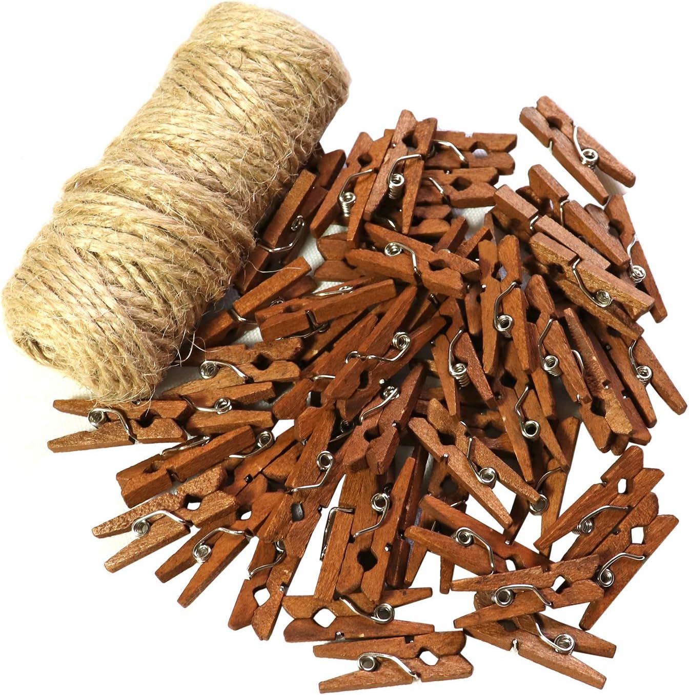 Mini Natural Wooden Clothespins with Jute Twine, 250pcs, 1 Inch Photo Paper Peg Pin Craft Clips with 66ft Natural Twine for Scrapbooking, Arts & Crafts, Hanging Photos (Rustic Brown)