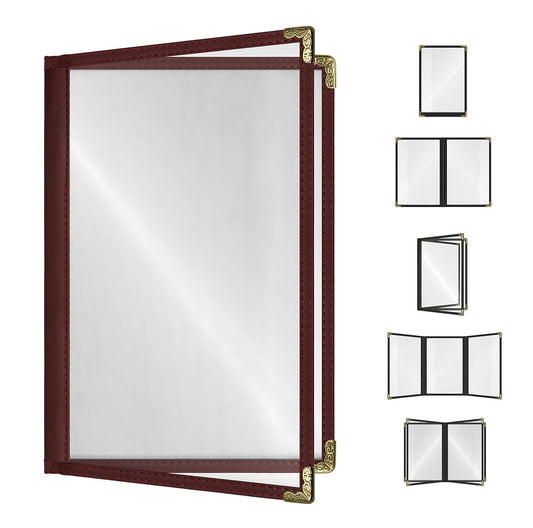 Goodsmart Restaurant Menu Covers – 25 Pack Burgundy 4-View, Side-Loading Menu Holders, Vinyl & Plastic Café Menu Covers, Clear Menu Sleeves, Fits 5.5" x 8.5", Leather-Style Design, Gold Corners
