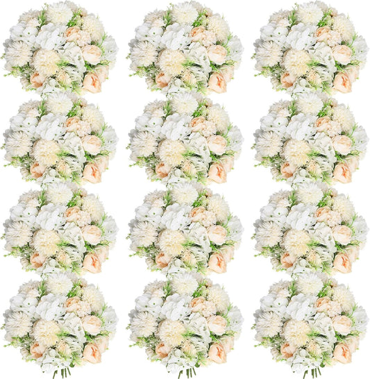 Tigeen Artificial Flowers Artificial Peonies Silk Flowers Faux Peony Fake Peony Silk Hydrangea Bouquet for Wedding Table Centerpiece Floral Vase Decor(Champagne White,12 Bundles)