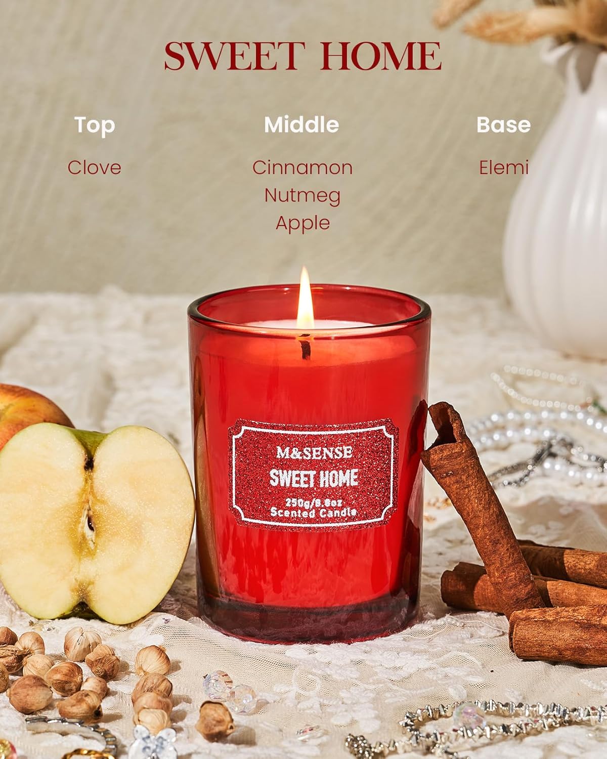 M&SENSE Cinnamon Apple Scented Candles, Classic Size 8.8 oz Glitter Jar Candles, Holiday Candles Gifts for Women, Strong Scented Natural Soy Candle For Winter Home Decor, 50 Hours Long Burning Candles