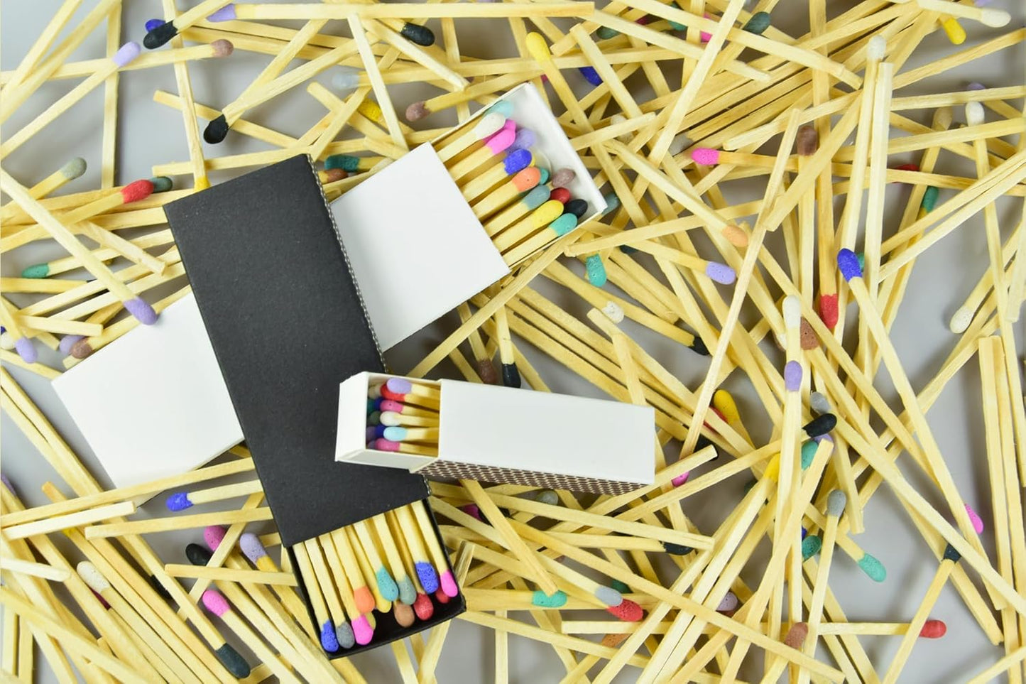 Chandler Studio 10 Boxes - Wooden Matchsticks in a Blank Matchbox with White/Black Matchboxes Colorful Tips (2" Matchboxes, 10 Boxes)