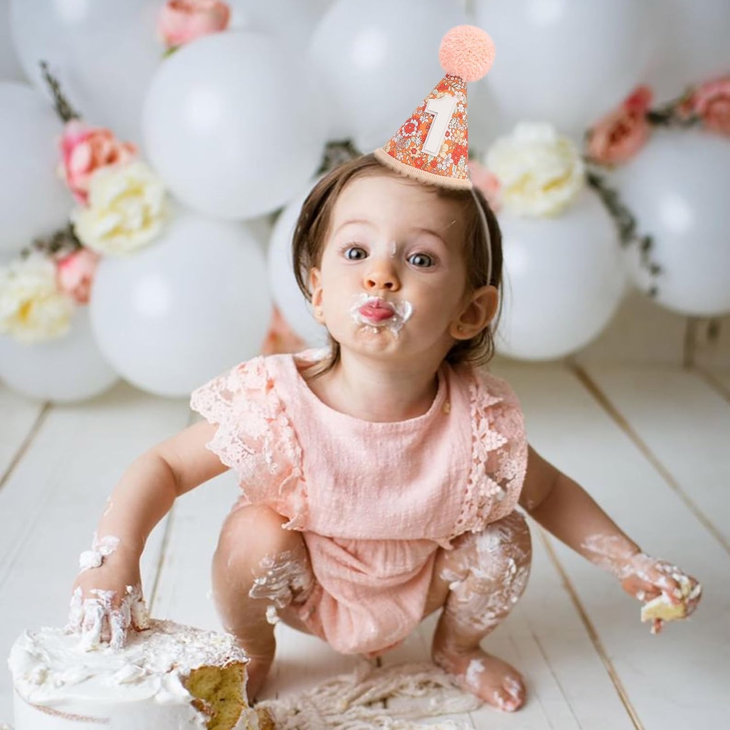 WAUAO Floral 1st Birthday Hat - Colorful Flower Cone Hat for Girls & Boys, First Birthday Crown, Party Photo Prop