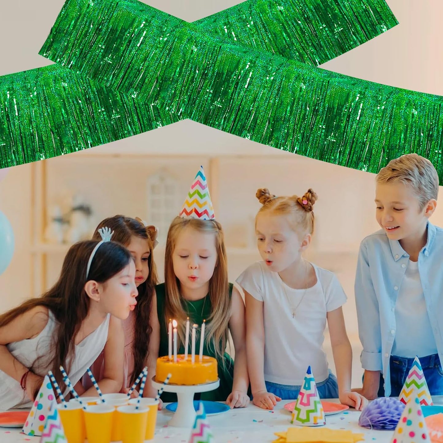 BEISHIDA 3 Packs Metallic Foil Fringe Garland Laser Green Wall Hanging Tinsel Fringe Banners for Car Floats Bridal Shower Wedding Birthday Easter Graduation Holiday Party Decoration(30 Feet)