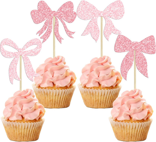 Gyufise 36Pcs Bow Cupcake Toppers Glitter Bowknot Cupcake Picks Bow Tie Birthday Decorations Princess Bow Cupcake Decorations for Bowknot Theme Baby Shower Birthday Party Supplies Multi Pink