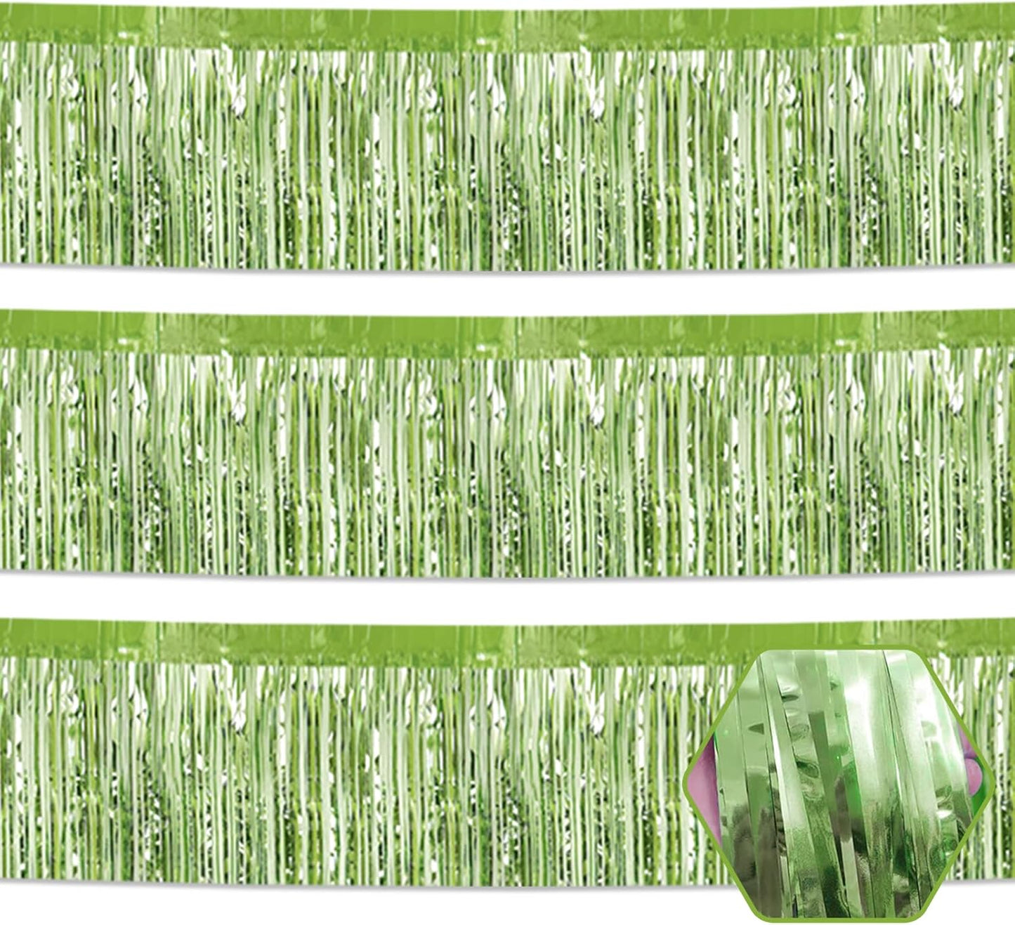 3 Pack 10 Long Light Green Metallic Foil Fringe Garland Wall Hanging Tassle Banner, Mother's Day, Easter, Parade Floats, Birthday, Theme Party, Wedding Party Decorations