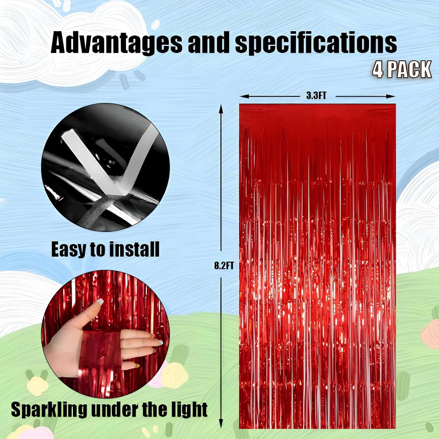 Keyali 4 Pack 3.3 * 8.3 ft Foil Curtain Metallic Tinsel Fringe Curtains Photo Booth Props Backdrop for Birthday Wedding Engagement Baby Shower Christmas Holiday Celebration Partyl,Red