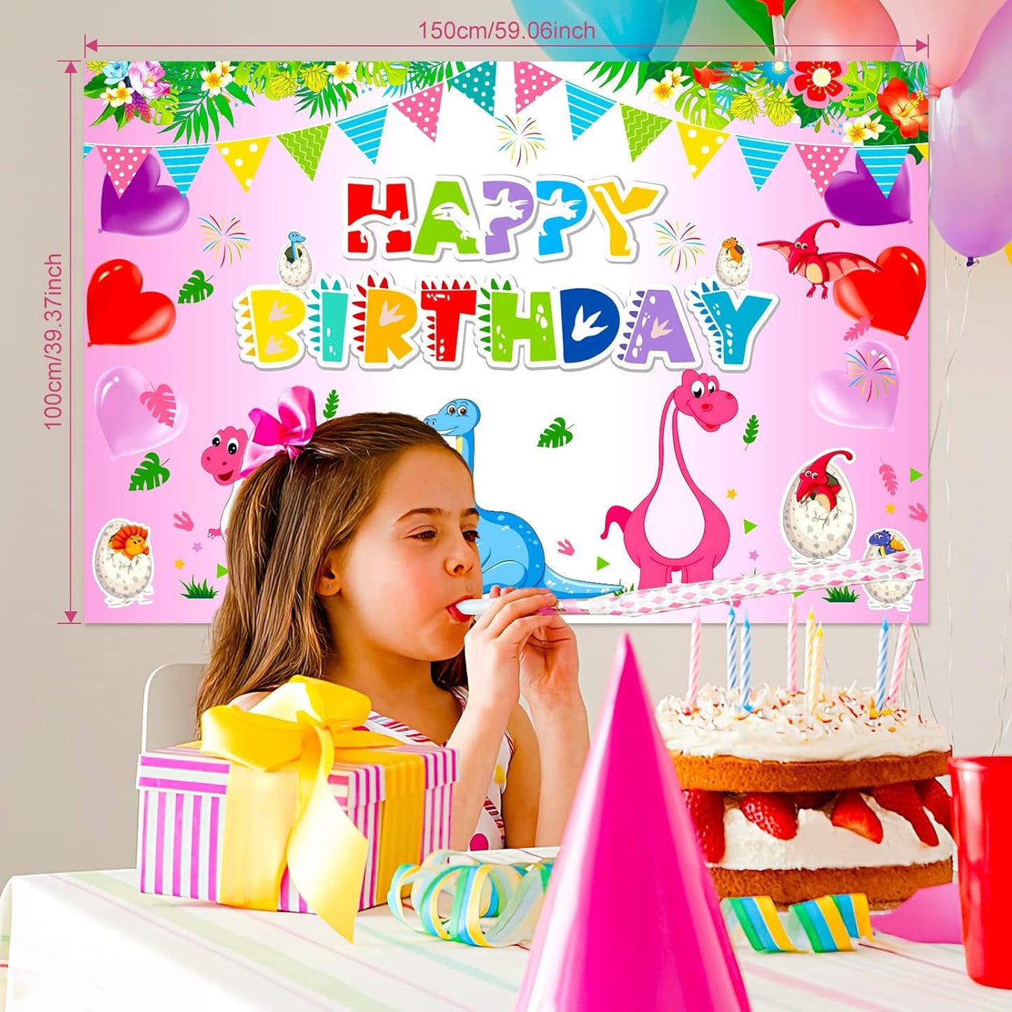 194 PCS Pink Dinosaur Party Decorations for Girls, Dinosaur Birthday Party Supplies Includes Dino Balloons, Backdrop, Happy Birthday Banner, Tablecloth, Plates, Napkins, Cake Toppers