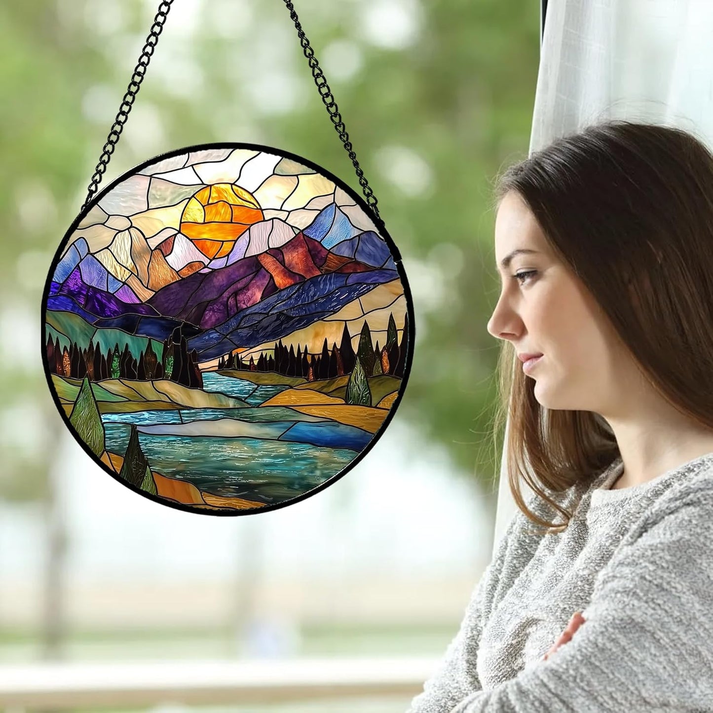 Stained Glass Window Hanging, Blue Lake Golden Sun Abstract Mountains Landscape Suncatcher for Doors Window Home Sun Catchers Decor Mother's Day Birthday Gifts for Women Men Mom 15 in