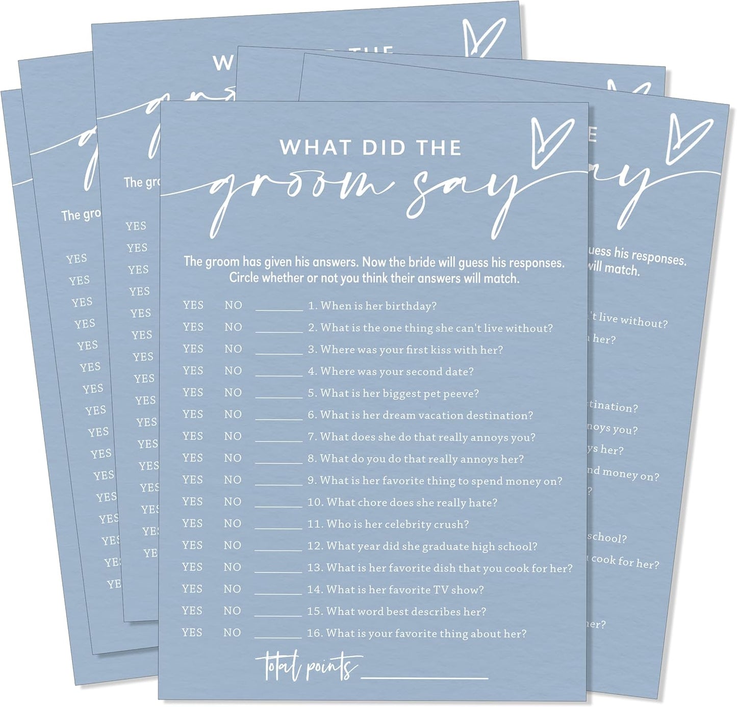 Fun Wedding Shower Games Cards, What Did the Groom Say, Bridal Shower Games for 25 Guests, Engagement Party Wedding Game Cards (5 × 7 Inch), Minimalist Blue Newlywed Party Gift & Supplies - B12