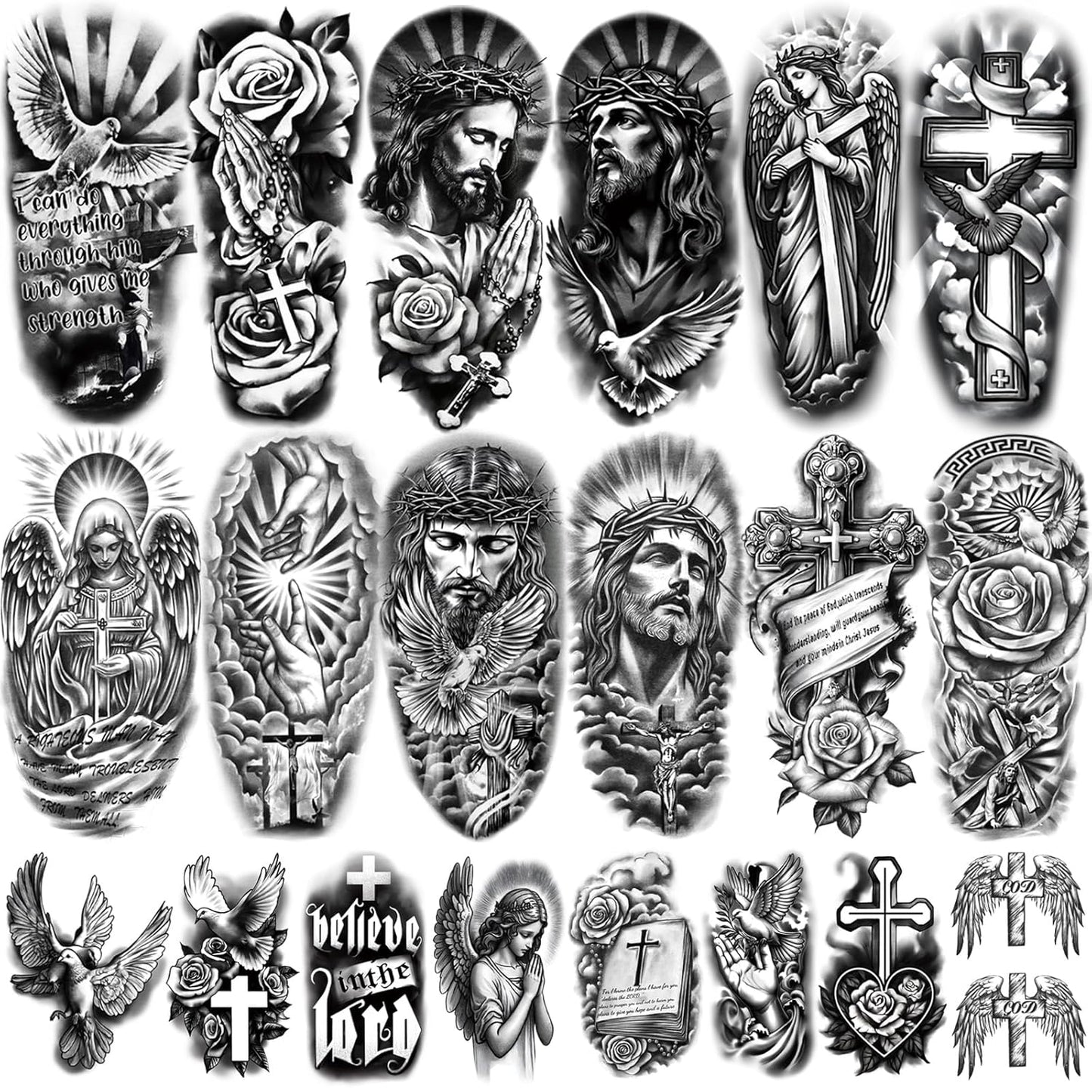 77 Sheets Christian Temporary Tattoo Adult, Religious Jesus Christ Cross Angels God Half Arm Fake Tattoos, Christ Catholic Realistic Tiny Body Temporary Tattoos for Men and Women Kids