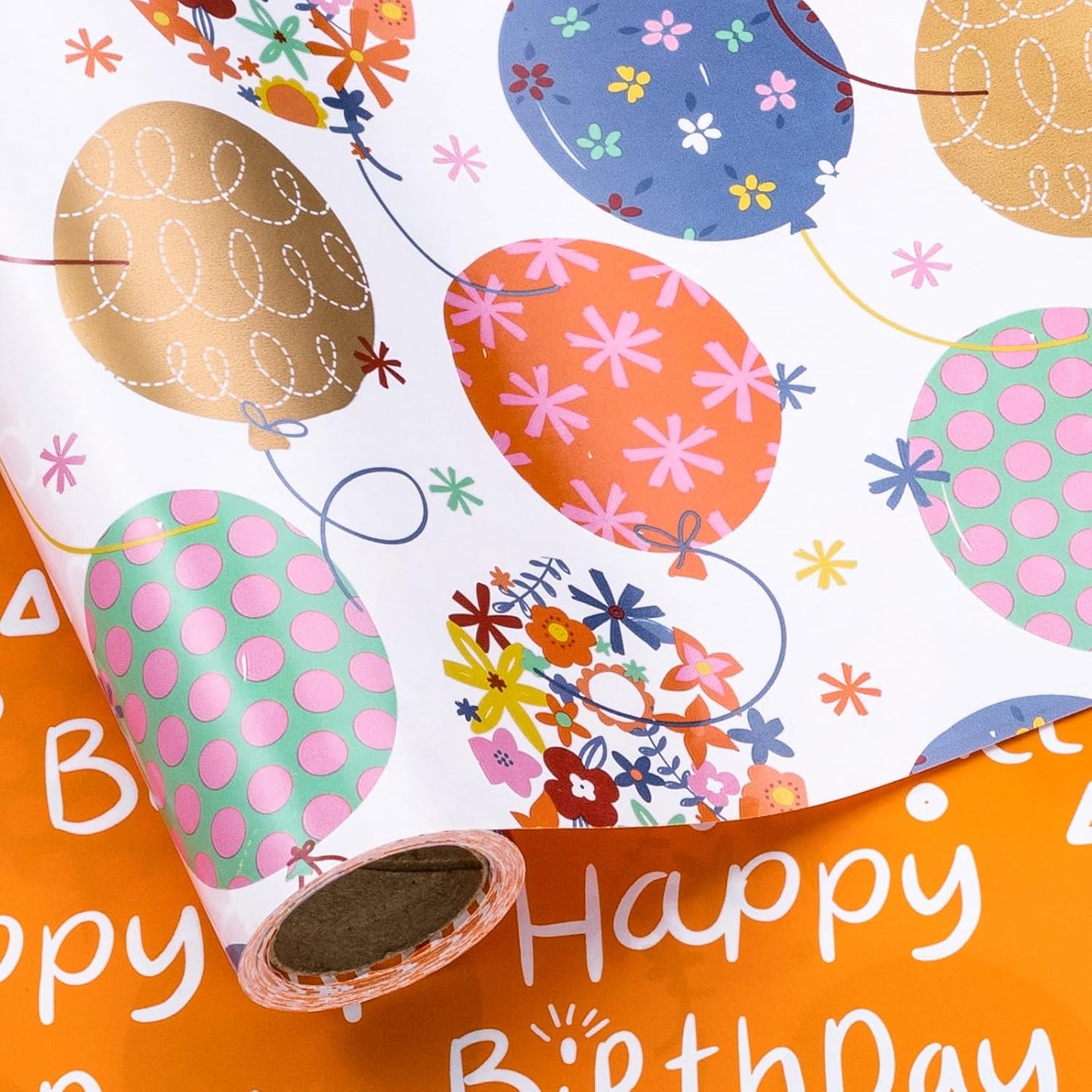 LeZakaa Reversible Birthday Wrapping Paper Roll for Girls Women, Happy Birthday Lettering, Orange Flower Balloon Design, Mini Roll, 17 inches x 32.8 Feet (46.45 sq.ft.)