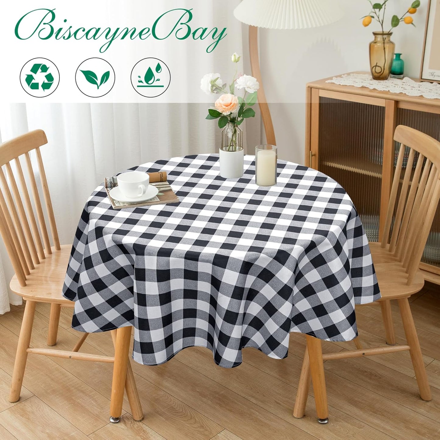 Biscaynebay Fabric Round Tablecloths 70", Black/Grey Scottish Plaid Table Cloth Small Circle Folding Table Covers Water Resistant for Dining, Kitchen, Wedding & Parties