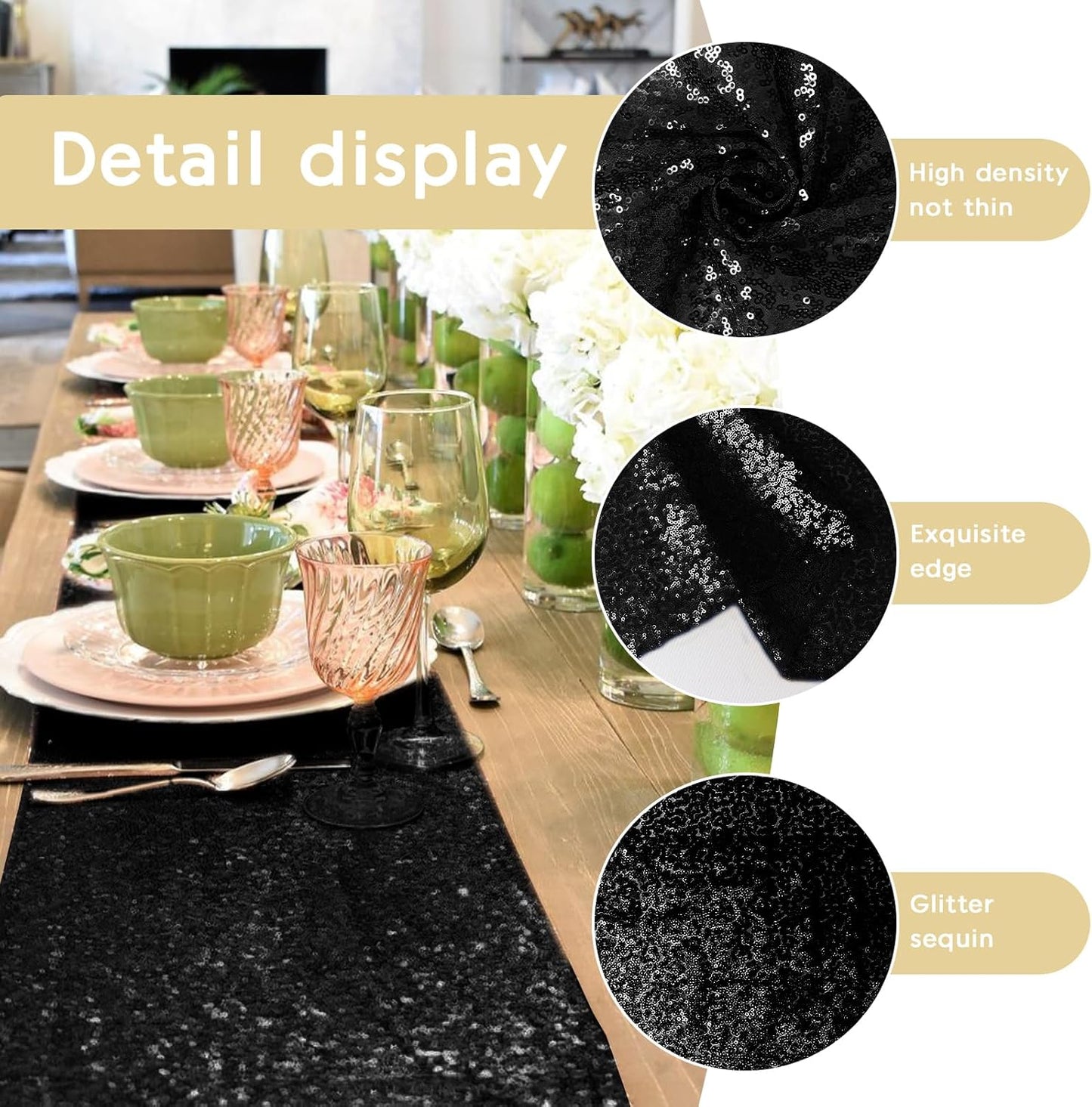 10 Packs 12 x 72 inches Sequin Table Runner, Black Glitter Table Runner for Birthday Party Supplies Wedding Engagement Baby Shower Holiday Celebration Event Decorations