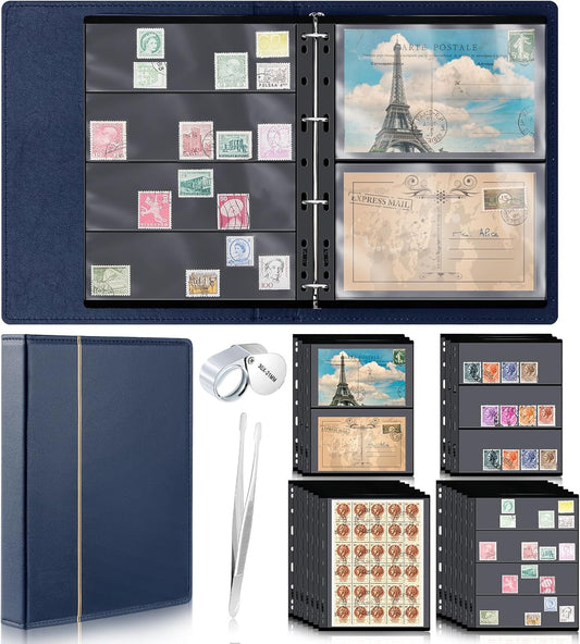 Lewtemi Stamp Collecting Albums Set Stamp Collection Book Include 20 Pages Album Binder Tweezer and Loop Magnifier Collecting Supplies for Collectors(Blue,1/2/3/4 Rows)