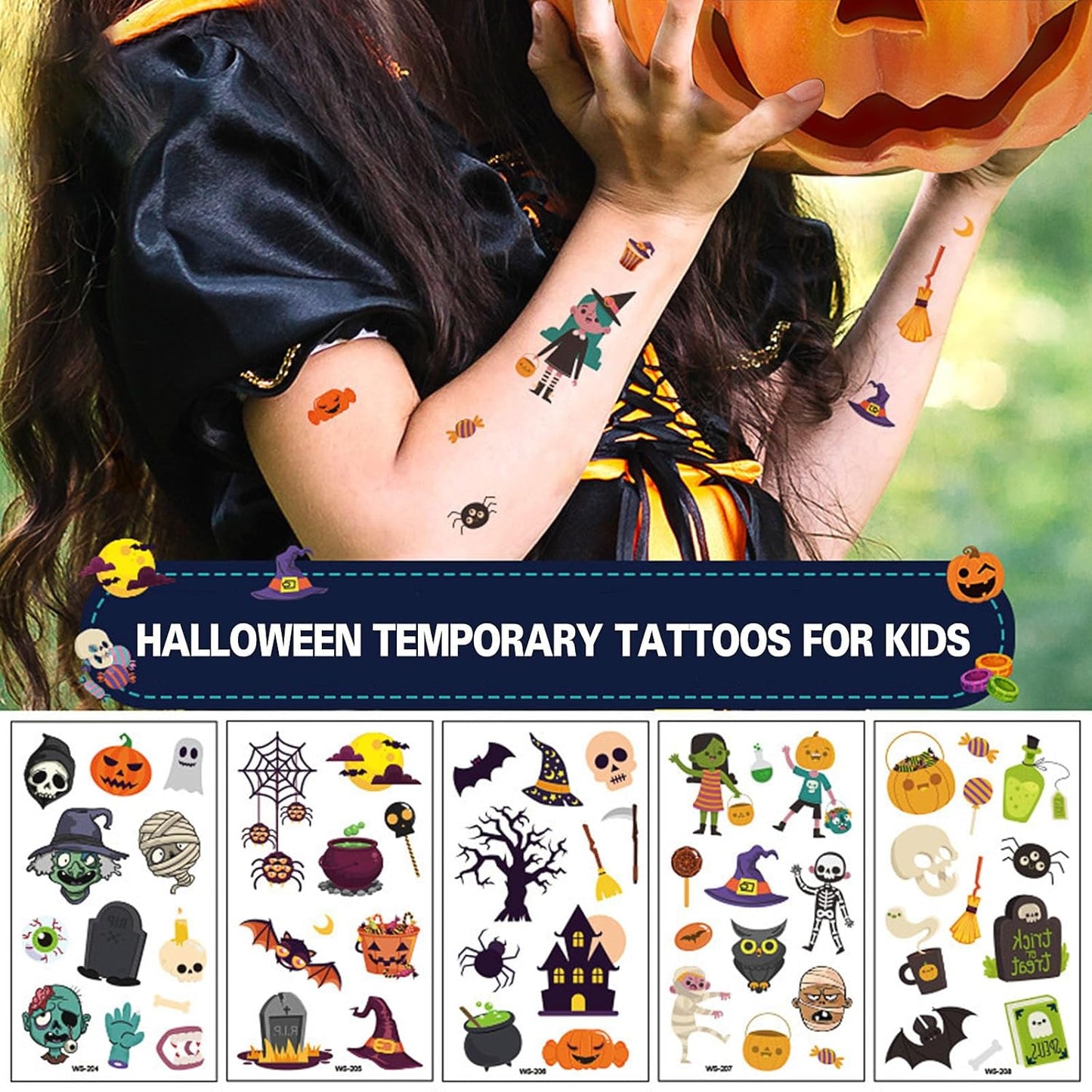 Temporary Tattoos for Kids - 11 Sheet Trick or Treat Tattoos for Boys & Girls - Halloween Goodie Bag Fillers & Party Favors