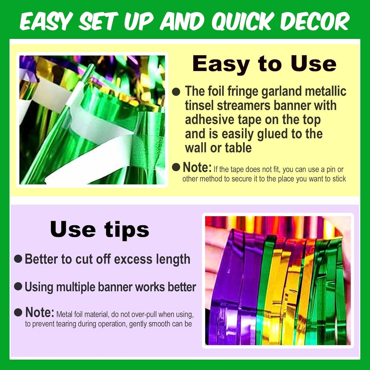 6 Pack 10 Ft Gold Green Purple Foil Fringe Garland Metallic Streamers Tinsel Banner Wall Hanging Garland Backdrop for Parade Floats, Halloween, Christmas, Thanksgiving, New Year Party Decorations