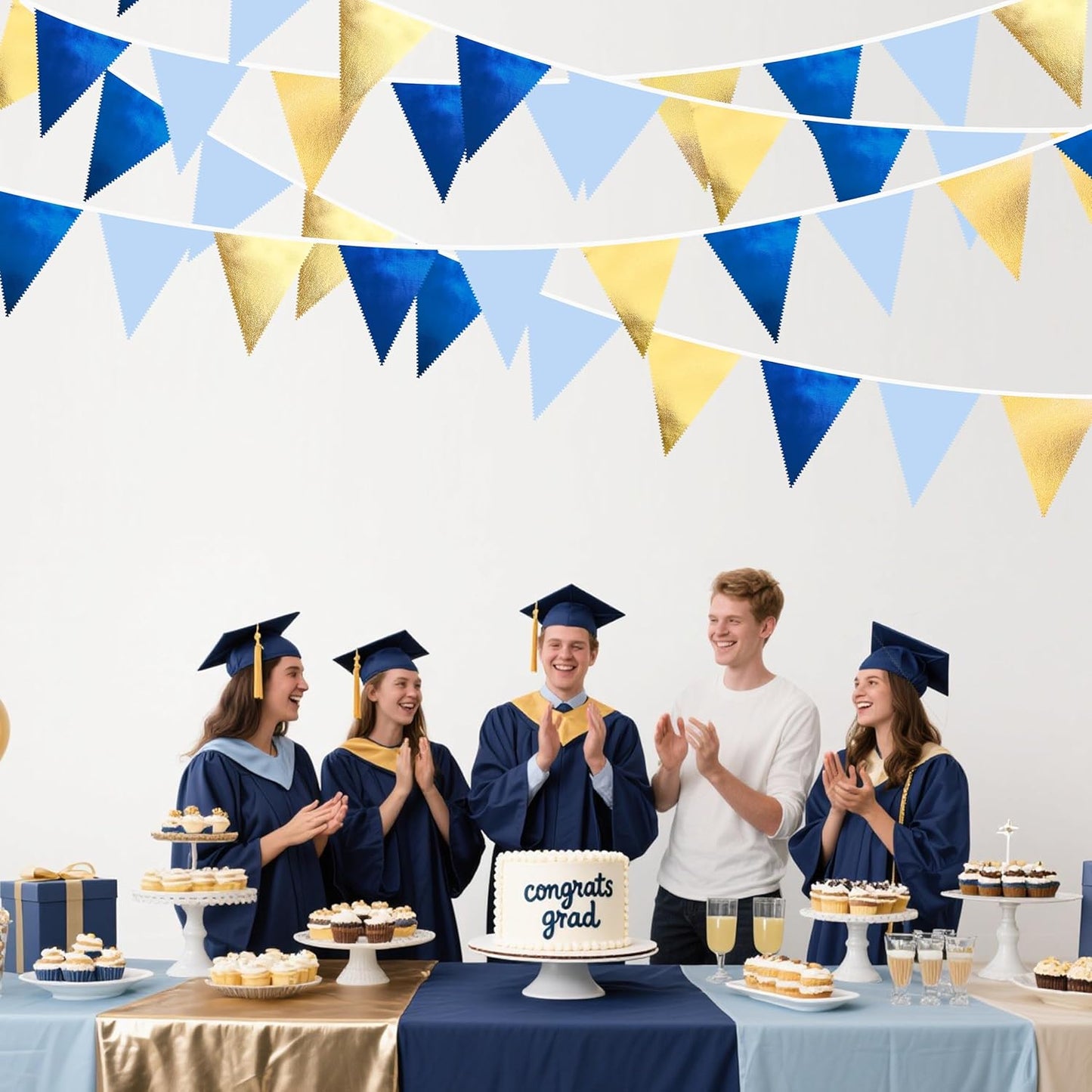 Gold Blue Party Decoration Gradient Blue and Gold Triangle Pennant Banner Flag Metallic Fabric Bunting Garland for Nautical Ahoy Achor Birthday Graduation Retirement Wedding Baby Shower Party Supplies
