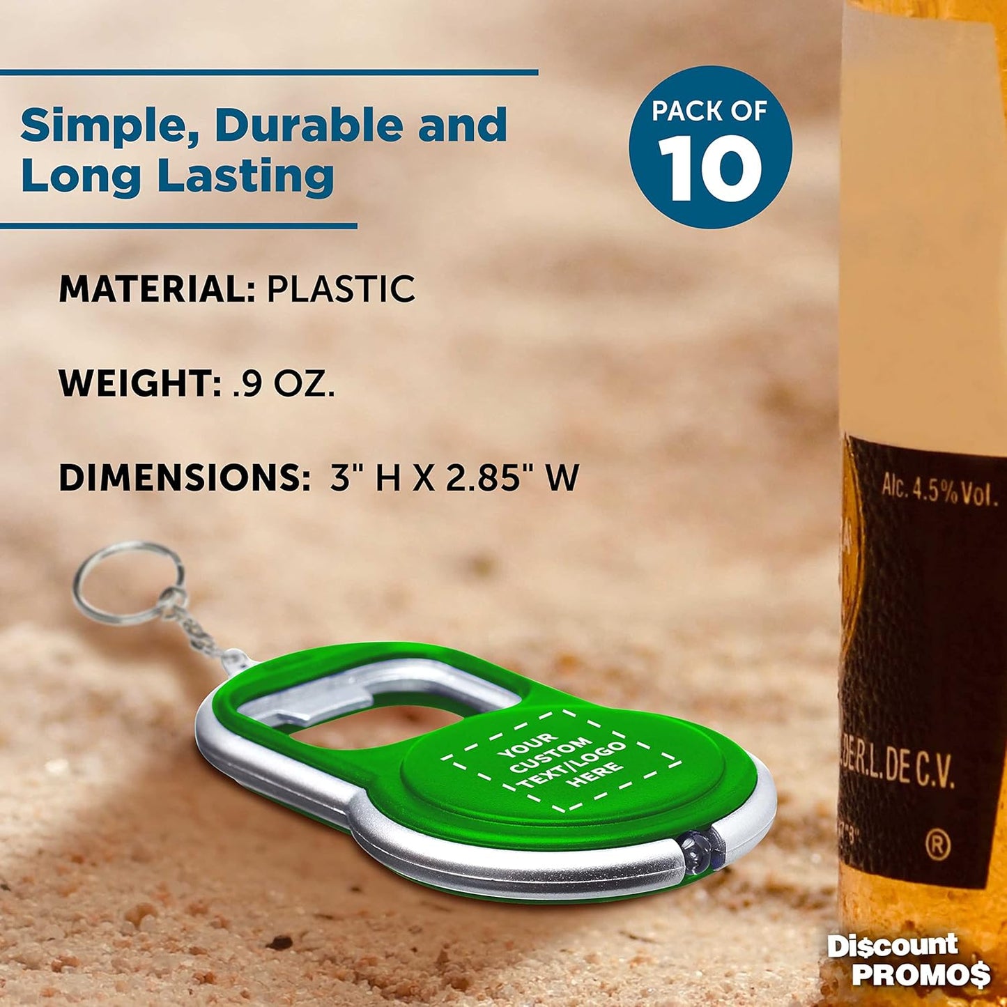 DISCOUNT PROMOS Custom Bottle Opener & LED Keychains Set of 10, Personalized Bulk Pack - Perfect for Tradeshows, Party Favors, Other Events - Green