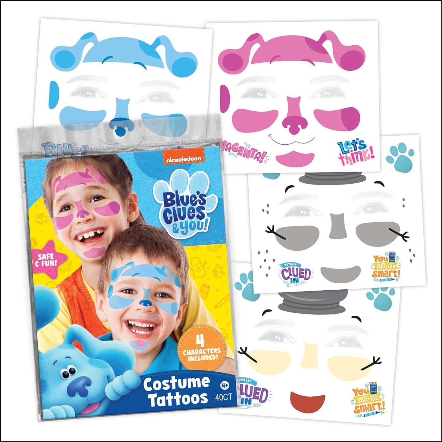 Blue’s Clues Costume Face Tattoos – Temporary Tattoo Set for Kids Featuring Blue, Magenta & Friends, Easy Halloween Costume Accessory, Non-Toxic & Skin-Safe