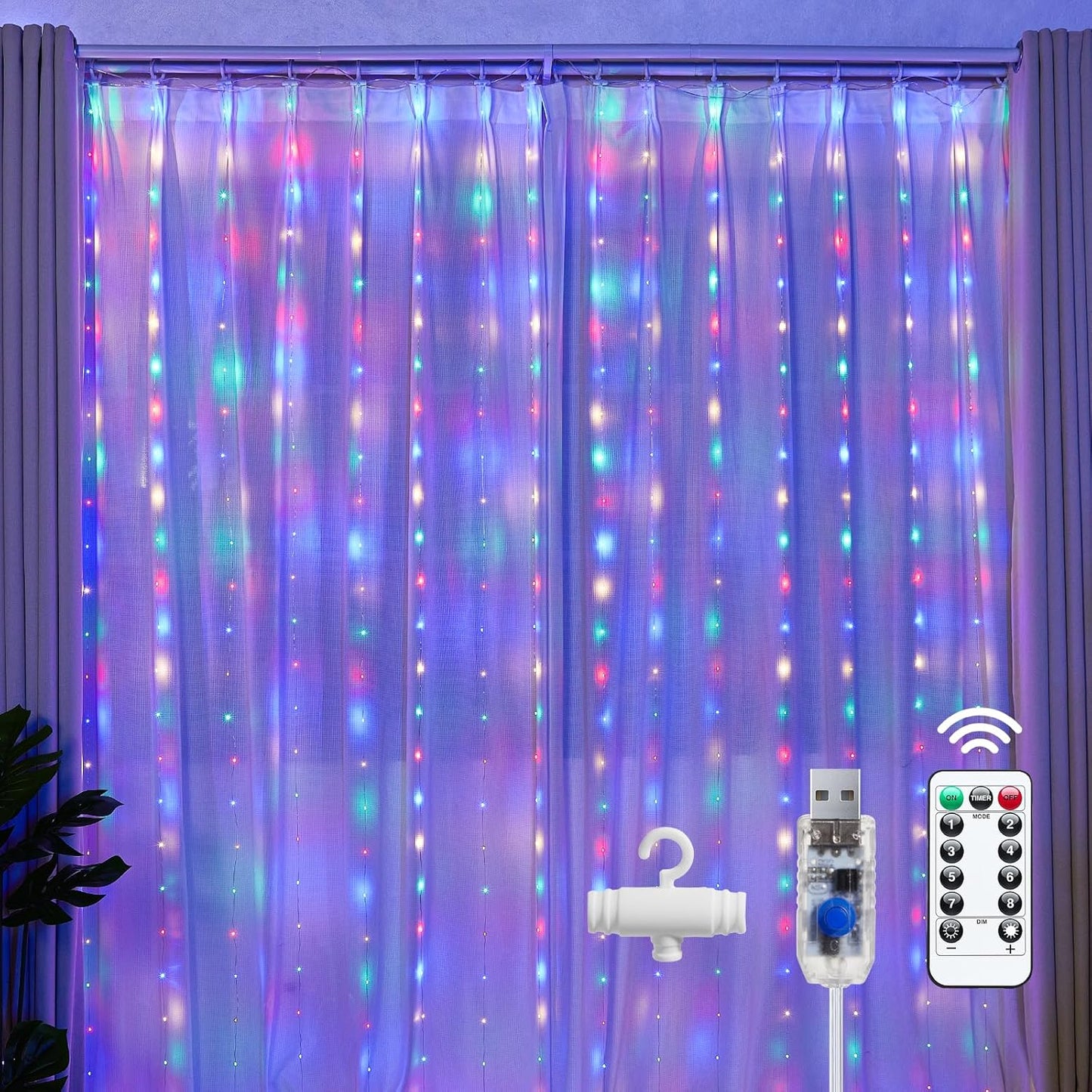 Brightown 300 LED Fairy Curtain Lights, 9.8ft x 9.8ft Multicolor Curtain String Lights, USB Plug in 8 Lighting Modes Christmas String Hanging Lights with Remote for Bedroom Indoor Outdoor Party Xmas