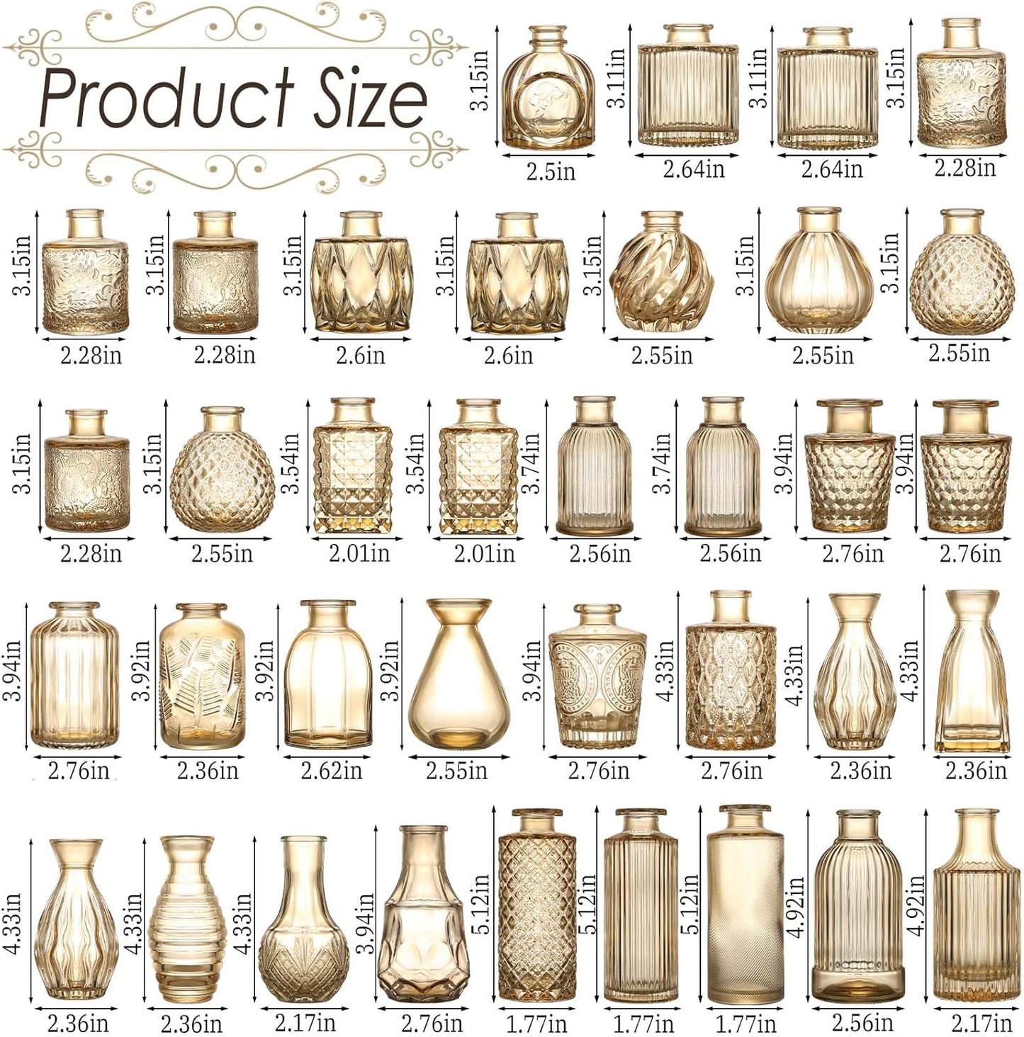 Amber Glass Bud Vases Set of 36, Mini Flower Vase for Centerpieces, Small Gold Bud Vases in Bulk for Wedding Decorations, Vintage Vase for Table, Recepetion, Home Décor